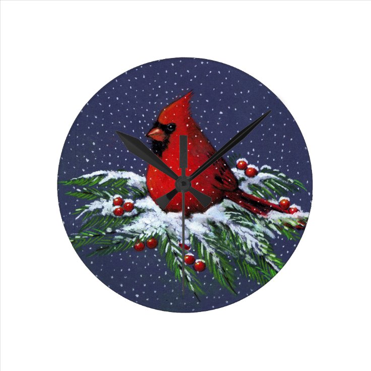 Cardinal on Snowy Pine Branch: Christmas: Artwork Round Clock | Zazzle