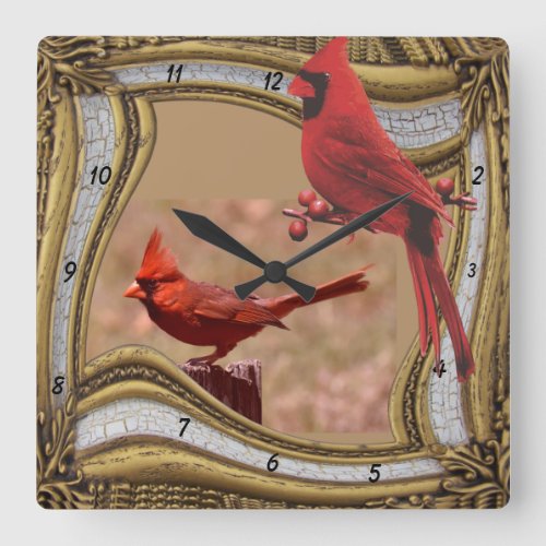 CARDINAL ON THE FRAME   SQUARE WALL CLOCK