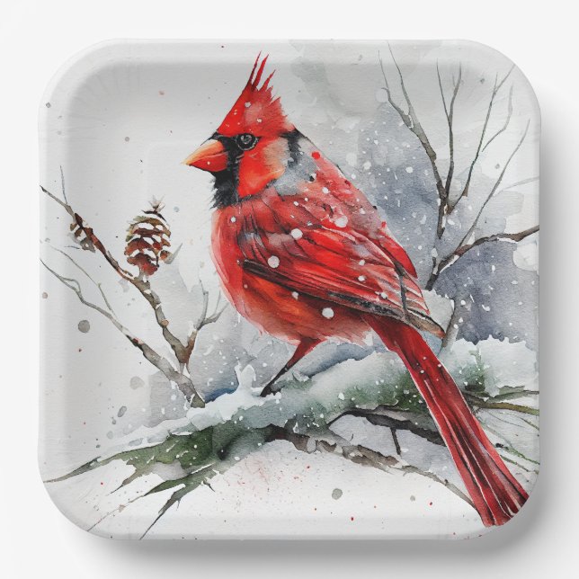 Cardinal on Tree Branch in Christmas Winter Scene Paper Plates (Front)
