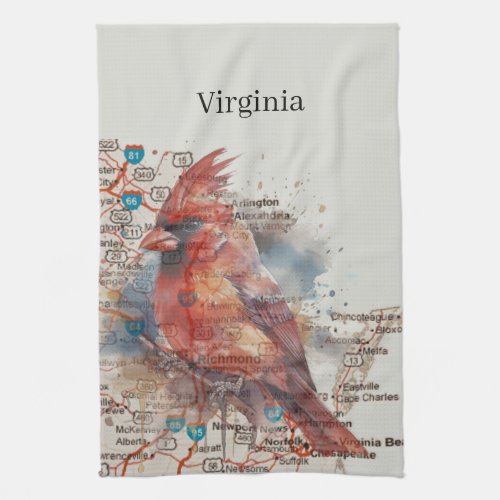 Cardinal on Virginia Road Map Kitchen Towel