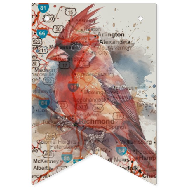 Cardinal on Virginia Road Map Watercolor Art Bunting Flags (First Flag)