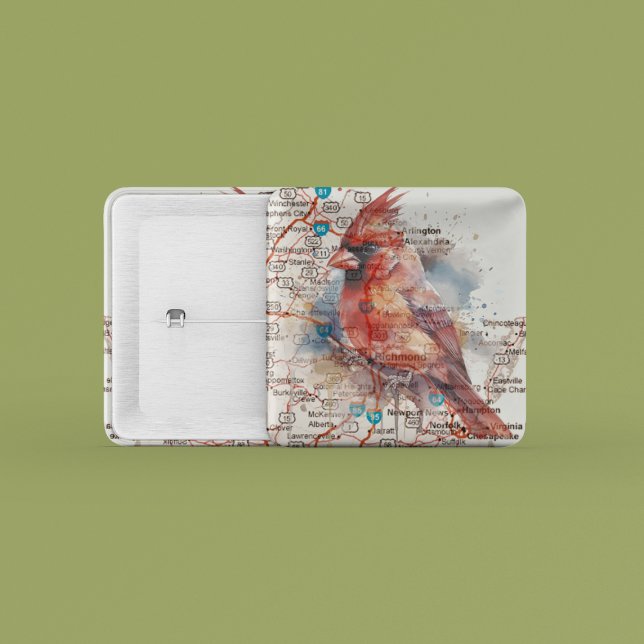Cardinal on Virginia Road Map Watercolor Art Button (Creator Uploaded)