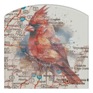 Cardinal on Virginia Road Map Watercolor Art Door Sign