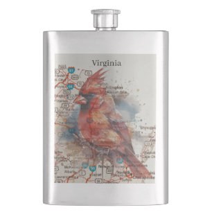 Cardinal on Virginia Road Map Watercolor Art Flask