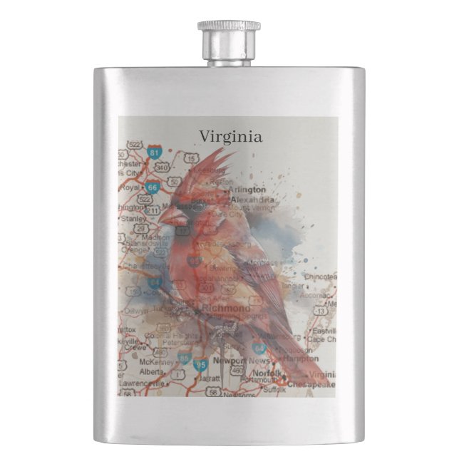 Cardinal on Virginia Road Map Watercolor Art Flask (Front)