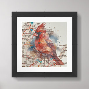 Cardinal on Virginia Road Map Watercolor Art Framed Art