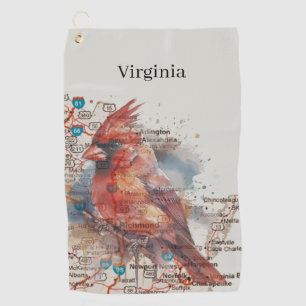 Cardinal on Virginia Road Map Watercolor Art Golf Towel