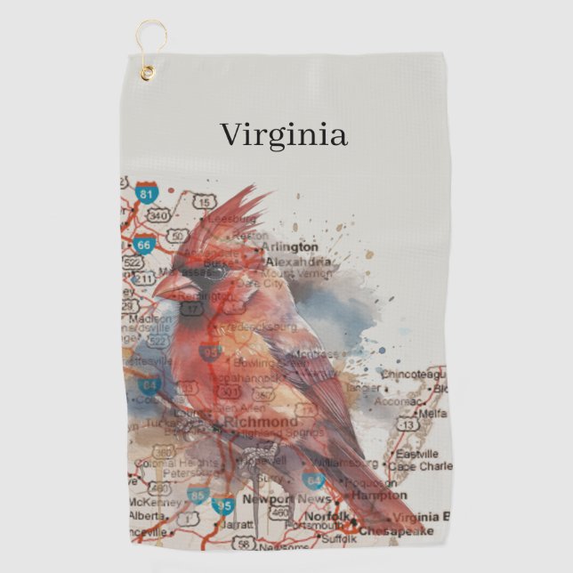 Cardinal on Virginia Road Map Watercolor Art Golf Towel (Front)