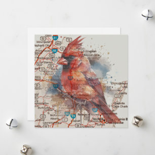 Cardinal on Virginia Road Map Watercolor Art Holiday Card