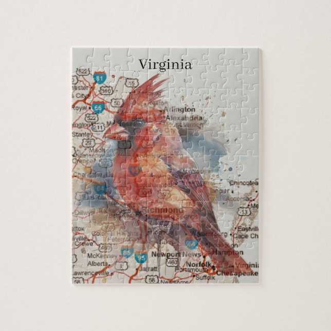Cardinal on Virginia Road Map Watercolor Art Jigsaw Puzzle (Vertical)