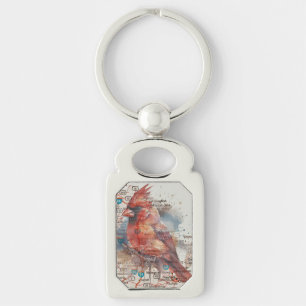 Cardinal on Virginia Road Map Watercolor Art Keychain