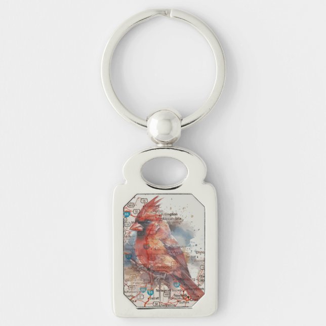 Cardinal on Virginia Road Map Watercolor Art Keychain (Front)