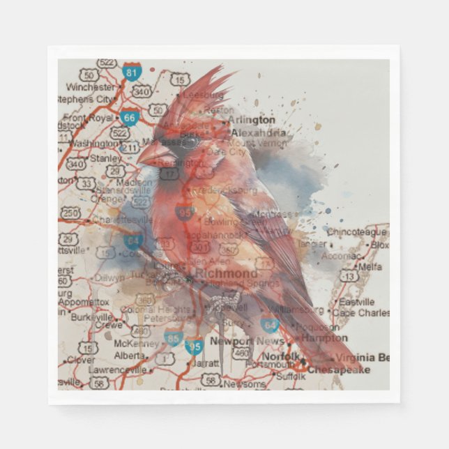 Cardinal on Virginia Road Map Watercolor Art Napkins (Front)