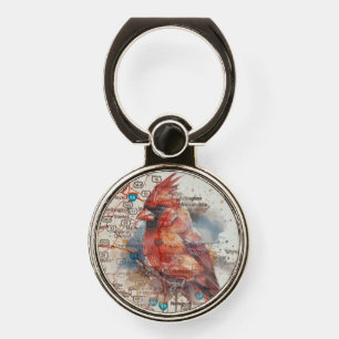 Cardinal on Virginia Road Map Watercolor Art, Phone Ring Stand