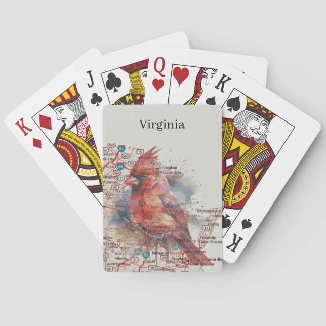 Cardinal on Virginia Road Map Watercolor Art Poker Cards (Back)