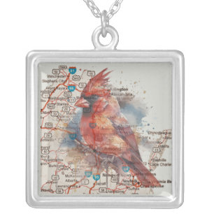 Cardinal on Virginia Road Map Watercolor Art Silver Plated Necklace