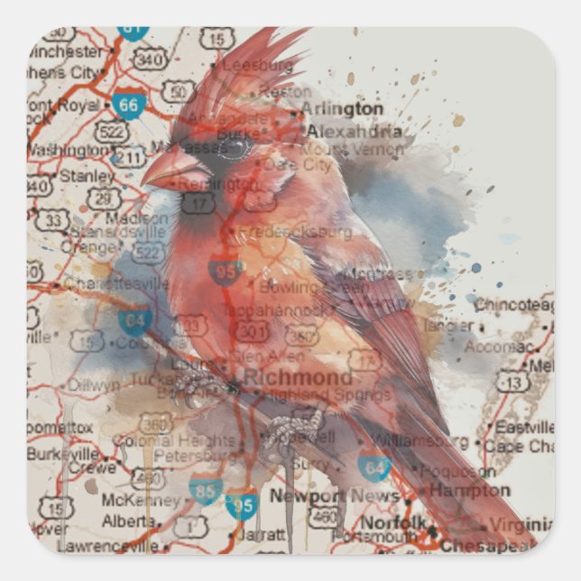 Cardinal on Virginia Road Map Watercolor Art Square Sticker (Front)