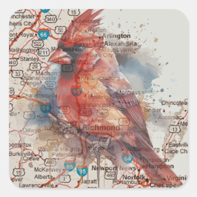 Cardinal on Virginia Road Map Watercolor Art Square Sticker (Front)