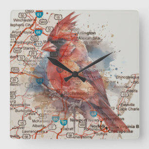 Cardinal on Virginia Road Map Watercolor Art Square Wall Clock