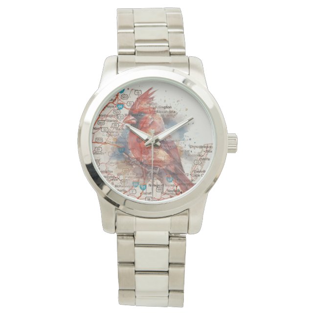 Cardinal on Virginia Road Map Watercolor Art Watch (Front)