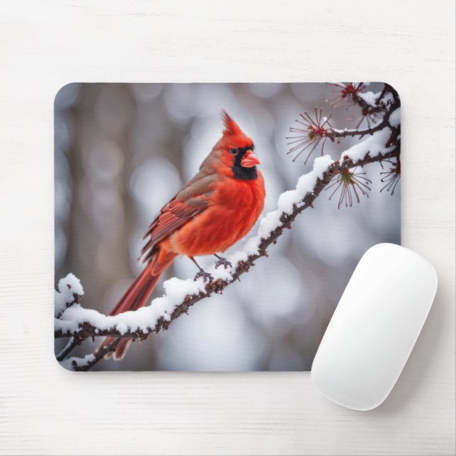 Cardinal On Winter Branch Mouse Pad (With Mouse)