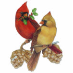 Cardinal Pair Statuette<br><div class="desc">Richly detailed Cardinal birds resting on pine branch with cones and red Cardinal has holly twig.</div>