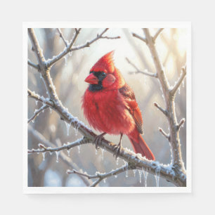 Cardinal Perched on Winter Branch with Icicles Napkins