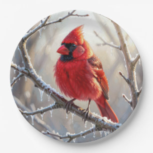 Cardinal Perched on Winter Branch with Icicles Paper Plates