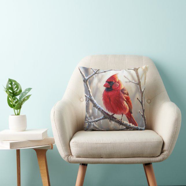 Cardinal Perched on Winter Branch with Icicles Throw Pillow (Chair)