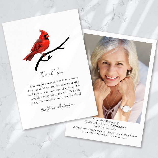 Cardinal Photo Memorial Sympathy Funeral Thank You Card (Creator Uploaded)