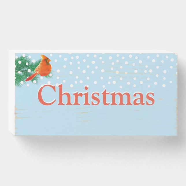 Cardinal, pine branch & snowflakes Christmas Wooden Box Sign (Front Horizontal)