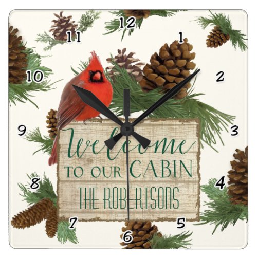 Cardinal Pine Cone Cabin Welcome Sign Personalized Square Wall Clock