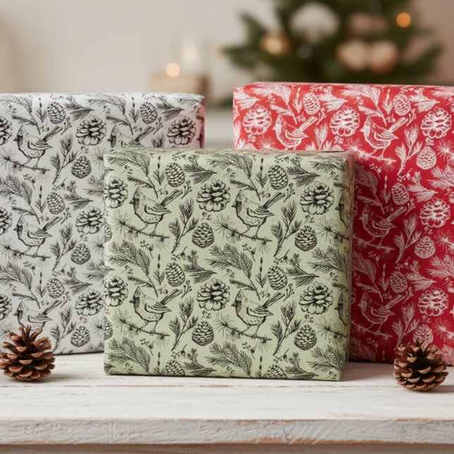 Cardinal, Pinecones, Pine Needles & Winter Berries Wrapping Paper Sheets (Festive Xmas Cardinal Wrapping Paper for Christmas. Elegant Cardinal Winter Bird on a Pine Branch)