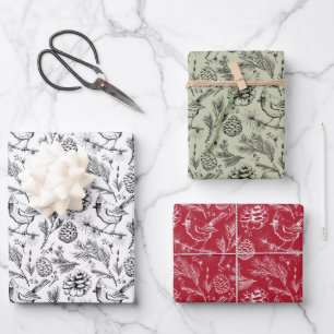Cardinal, Pinecones, Pine Needles & Winter Berries Wrapping Paper Sheets