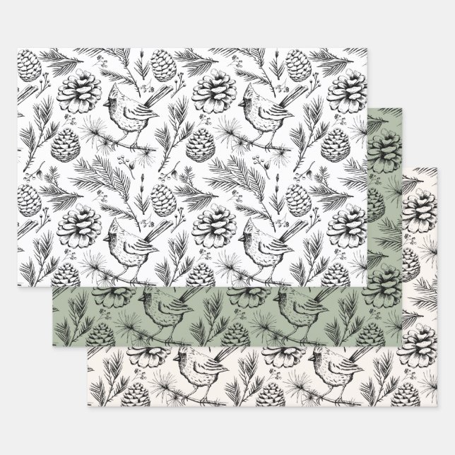 Cardinal, Pinecones, Pine Needles & Winter Berries Wrapping Paper Sheets (Set)