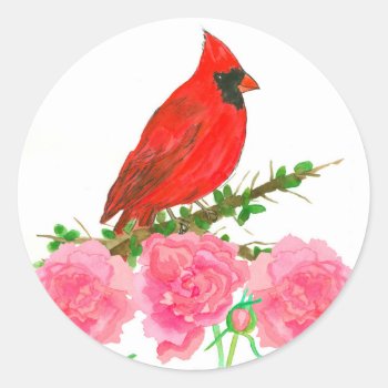 Cardinal Pink Peony Watercolor Flowers Classic Round Sticker by CountryGarden at Zazzle