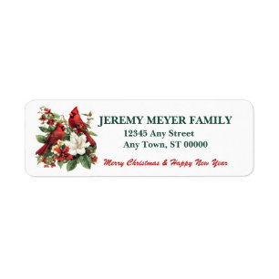 Cardinal Poinsettia Bouquet Christmas Address Label