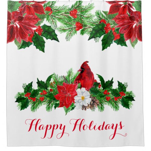 Cardinal Poinsettia Pine Cones Red Holly Berries Shower Curtain