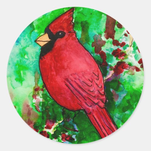 Cardinal Red Bird Green Forest Watercolor Painting Classic Round Sticker