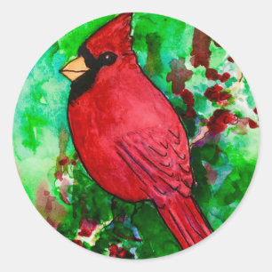 Cardinal Red Bird Green Forest Watercolor Painting Classic Round Sticker
