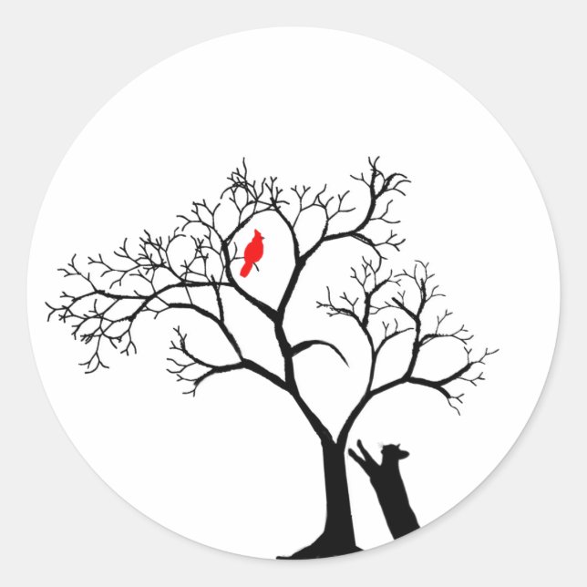 Cardinal Red Bird in Snowy Winter Tree & Cat Classic Round Sticker (Front)