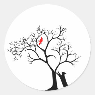 Cardinal Red Bird in Snowy Winter Tree & Cat Classic Round Sticker