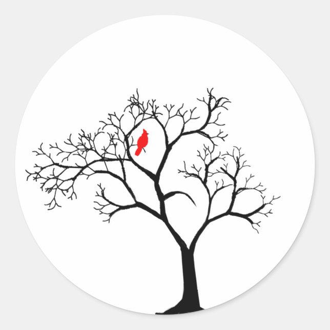 Cardinal Red Bird in Snowy Winter Tree Classic Round Sticker (Front)