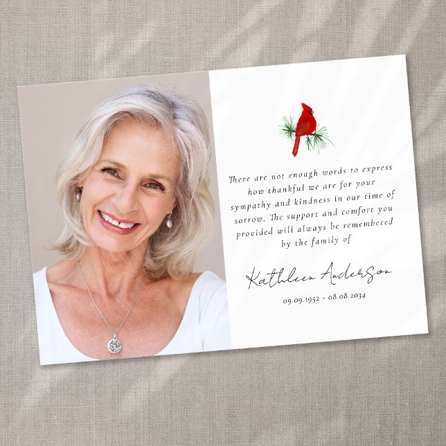 Cardinal Red Bird Photo Sympathy Funeral Thank You Card (Creator Uploaded)