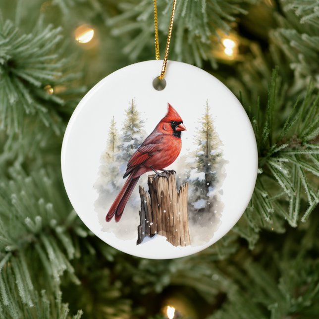 Cardinal Red Bird Watercolor Customized Christmas Ceramic Ornament (Tree)