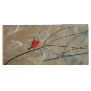 Cardinal Red Bird Wildlife Nature Art Wood Flash Drive