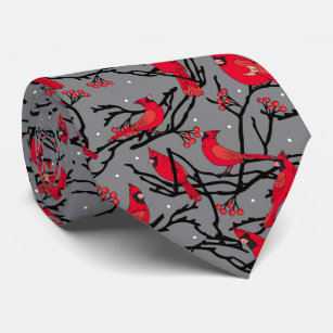 Cardinal Red Birds Gray Woodland Nature Patterned Neck Tie
