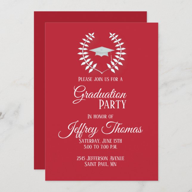 Cardinal Red Cap & Leaves Grad Invitation 5" x 7" (Front/Back)