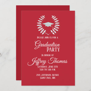 Cardinal Red Cap & Leaves Grad Invitation 5" x 7"