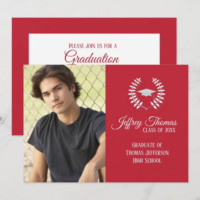 Cardinal Red Cap & Leaves Grad Invitation 5" x 7" (Front/Back)